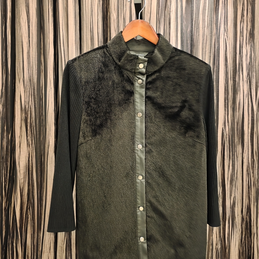 Black Women's Sweater Jacket with Faux Fur Front.